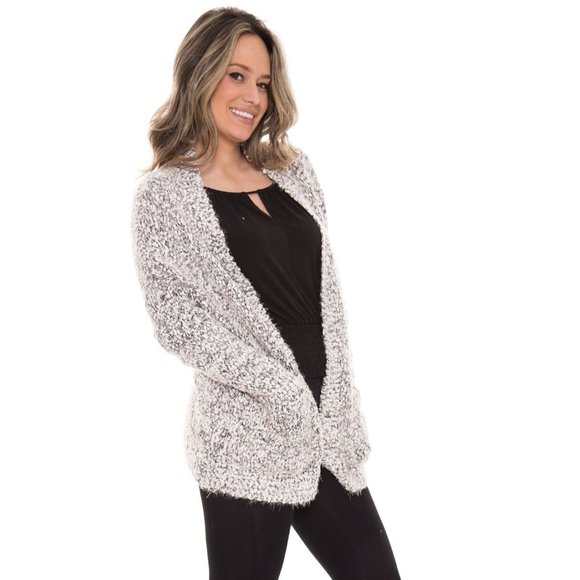 COMFY LUXE WOMENS BLACK/WHITE FLICKERED BOUCLE CARDIGAN W/POCKETS - NWT - SZ: OS - Picture 5 of 11